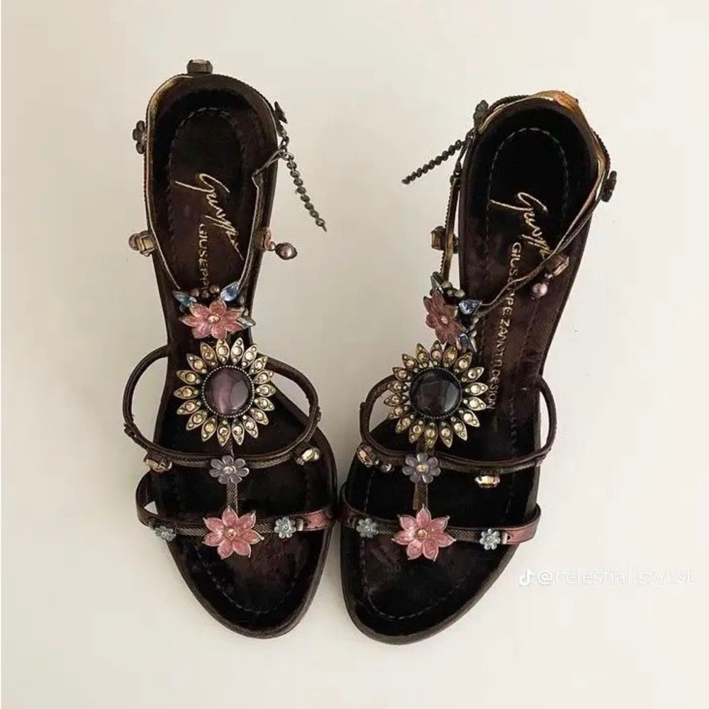 Giuseppe Zanotti Italian Luxury Rhinestone Flower Ankle Strap Sandal Heels 😍